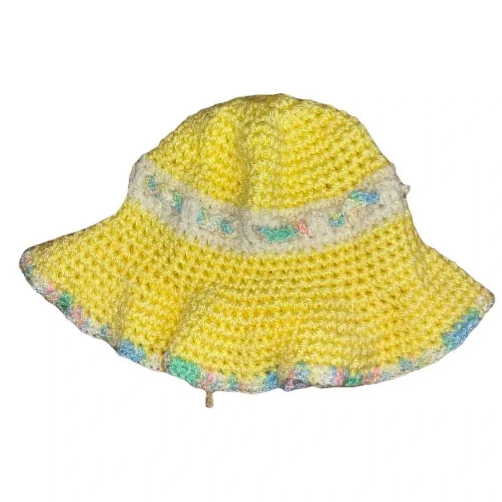 Bucket Hat Children Girls Yellow‎ Pastel Bow Handmade Crochet Hat NEW